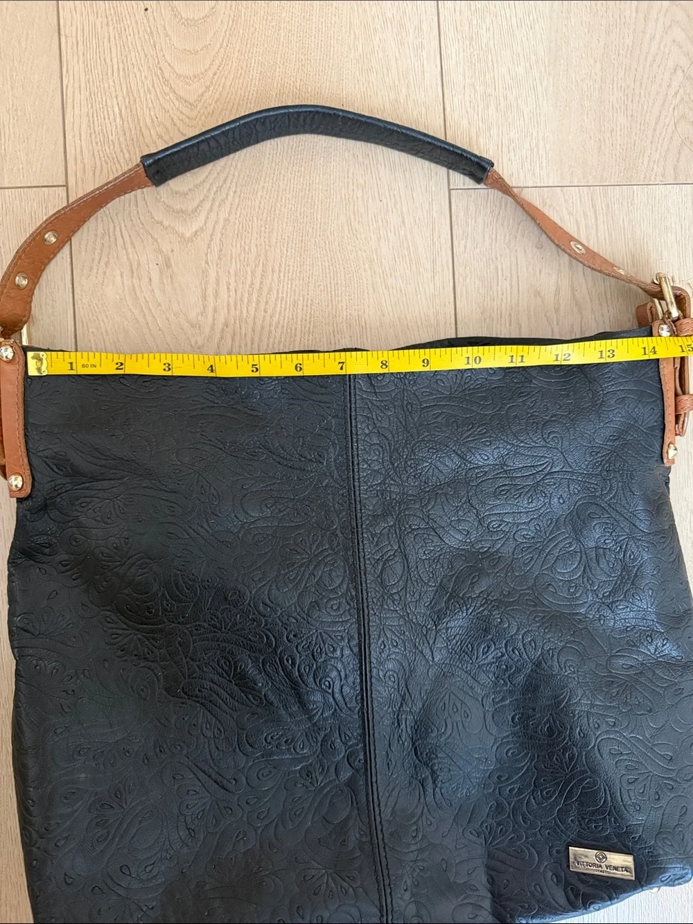 Vittoria Veneta Black Floral Embossed Leather hobo bag Brown Strap made in Italy